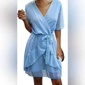 ECOWISH Women’s Light Blue Short Sleeve Faux Wrap Ruffle Dress